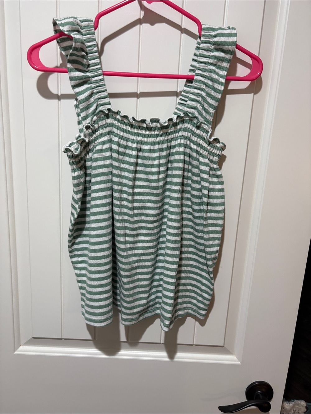 LOFT Green & White Striped Ruffle-Trim Tank